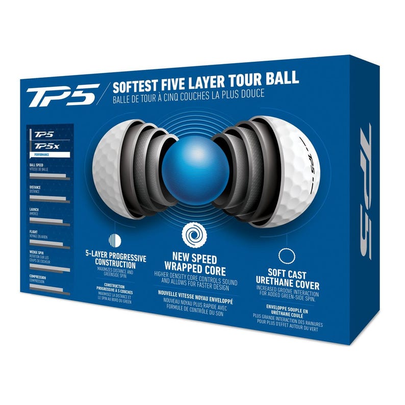 以下が含まれることがあります： タイトリスト TP5 ゴルフボールの箱。箱には、ゴルフボールの断面図が描かれており、5層の構造が示されています。箱のテキストには、「Softest Five Layer Tour Ball」と「New Speed Wrapped Core」と記載されています。