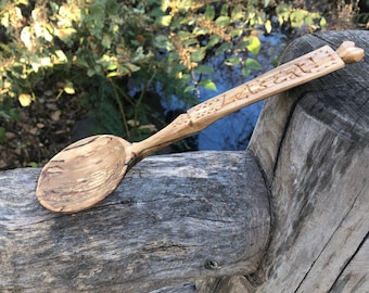 Lets Eat: Hand-carved Serving Spoon in Spalted Birch with Chip-carved design and Heart-Shaped Finial