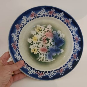 Antique Bohemian Airbrush Spritzdekor Bowl -- Austrian or Czech Art Deco Ditmar-Urbach Vintage Pottery -- Blue, White, Yellow, Pink Floral