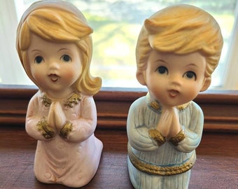 Vintage Praying Blonde Boy and Girl,  Homco Christian Figurines -- Pink and Blue