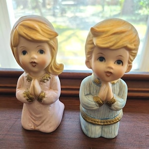 Vintage Praying Boy and Girl with Blonde Hair,  Homco Christian Figurines -- Pink and Blue