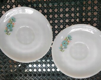 Vintage Fire-King Bonnie Blue White Glass saucers with Turquoise and Orange Flowers, SET of 2