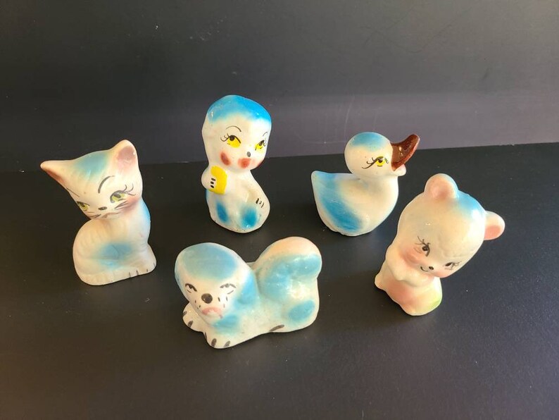 Vintage Ceramic Animal Figurines Set of 5 Blue Pink Yellow Etsy