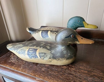 Vintage or Antique Wooden Duck Decoys -- Large Mallard Mated Pair, hand-painted birds