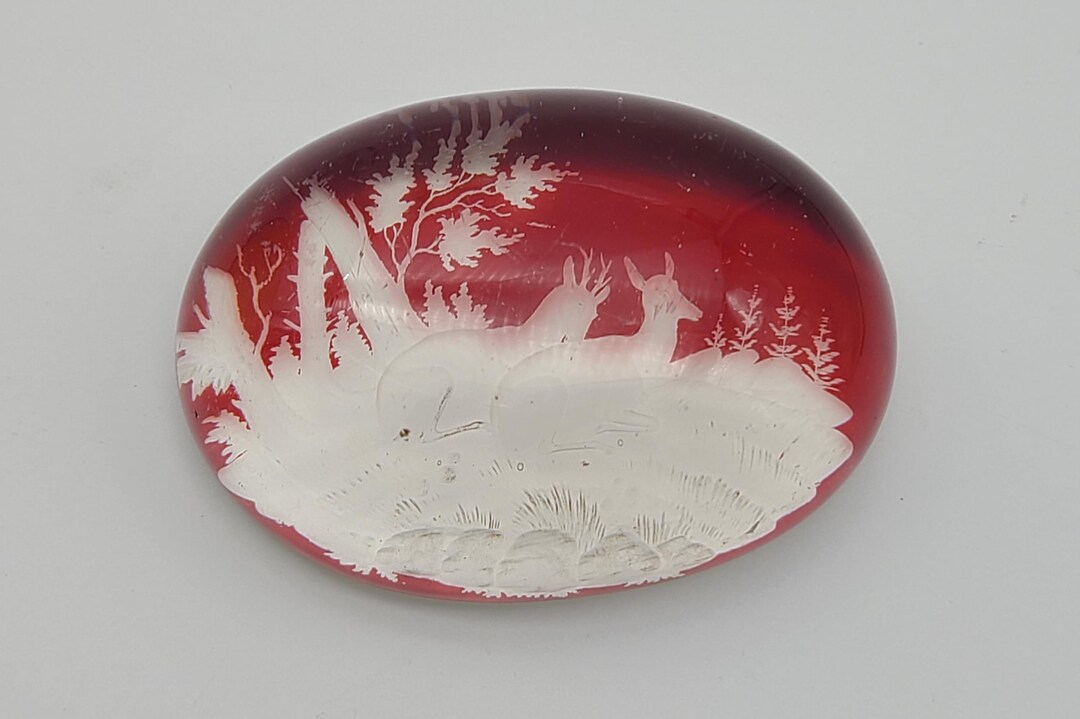 Ruby Paperweight Antique Paperweight -- Flashed Ruby Red Glass With Etched Deer in ...