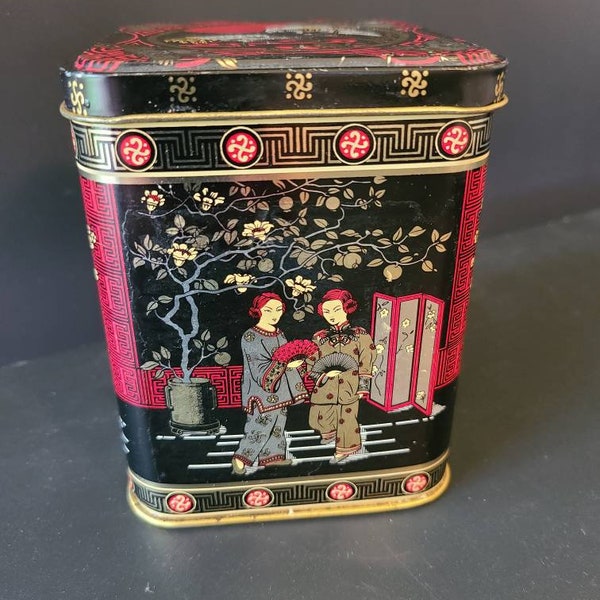 Vintage Red and Black Chinoiserie Fortnum & Mason Tea Tin with Asian figures and ibis