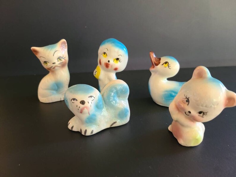 Vintage Ceramic Animal Figurines Set of 5 Blue Pink Yellow Etsy