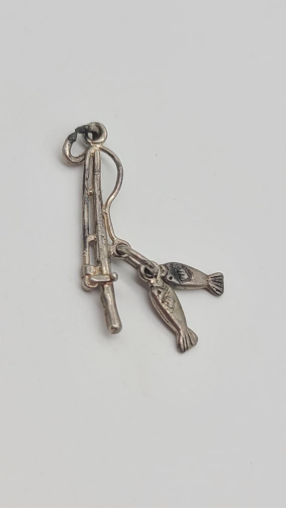 Sterling Silver Fishing pole with fish on the line Charm