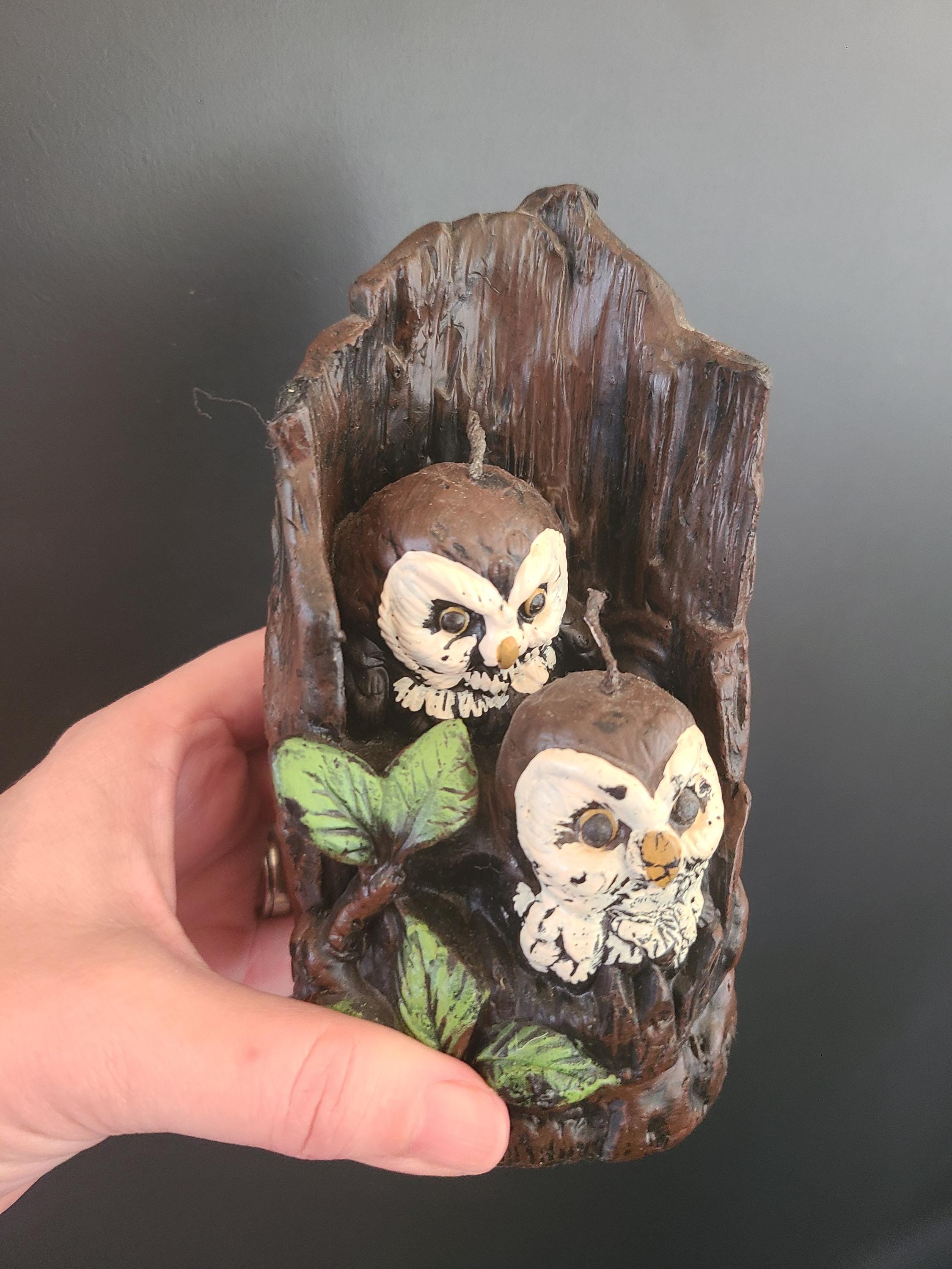 Baby Owls Vintage NEW Figurative Candle - Owls in Hollow Tree Trunk
