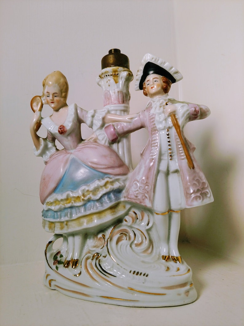 Vintage German Porcelain Figural Lamp Base with Pink White image 1