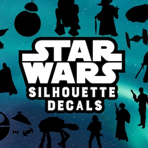 May include: A collection of black Star Wars silhouette decals against a teal and blue background. The decals include characters like Yoda, Darth Vader, and R2-D2, along with various starships and the Death Star. The text "STAR WARS SILHOUETTE DECALS" is in white.