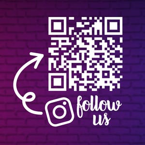 May include: White QR code with an arrow pointing to the right, a white Instagram icon, and the text "follow us" on a purple brick background.
