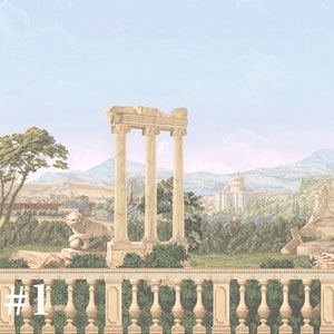 Op de afbeelding: Een vintage illustratie van een vervallen Romeinse ru&iuml;ne met uitzicht op een stad in de verte. De sc&egrave;ne wordt omlijst door een stenen balustrade met de tekst "color #1" onderaan.