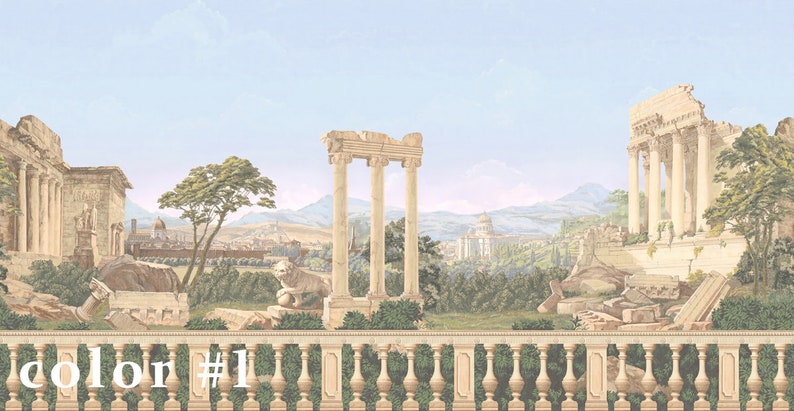 Op de afbeelding: Een vintage illustratie van een vervallen Romeinse ru&iuml;ne met uitzicht op een stad in de verte. De sc&egrave;ne wordt omlijst door een stenen balustrade met de tekst "color #1" onderaan.