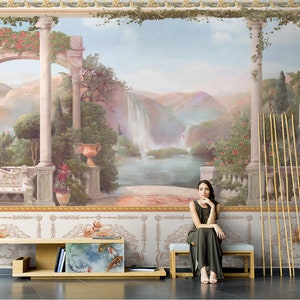 シノワズリ風のパノラマ壁紙繰り返し壁画、ホームデコレーション壁画、花の滝の壁紙、壁の装飾、壁紙 ID2018006