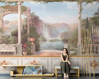 Chinoiserie Scenic Panoramic Wallpaper Repeat Mural, Home Decor Wall Murals, Floral Waterfall Wallpaper, Wall Decor, Wallpaper ID2018006