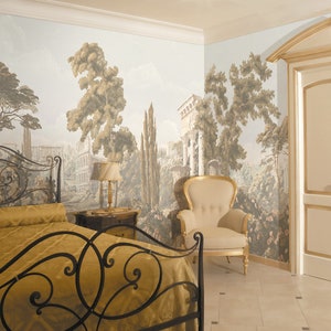 Chinoiserie Scenic Panoramic Wallpaper Repeat Mural, Home Decor Wall Murals, Ruins Landscape Wallpaper, Wall Decor, Wallpaper ID2018022