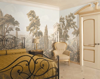 Chinoiserie Scenic Panoramic Wallpaper Repeat Mural, Décoration intérieure Murales, Ruines Paysage Papier peint, Décoration murale, Papier peint ID2018022