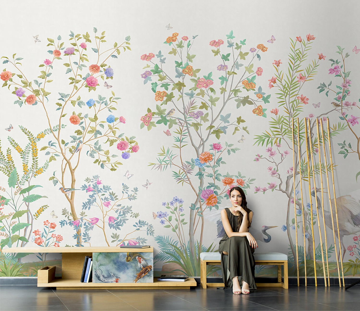 Chinoiserie Mural Wallpaper Repeat, Home Decor Wall Murals, Blooming Peoni and flowers Birds Wallpaper, Wall Decor, Wallpaper ID2018025