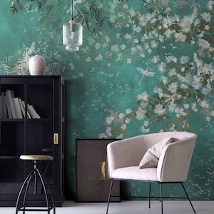 Chinoiserie Wallpaper Seamless Pattern, Home Decor Wall Murals, Floral Exotic Peacock Blossom Wallpaper, Wall Decor, Wallpaper ID2018018 image 4