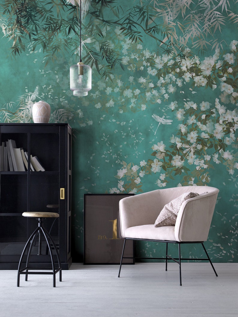 Chinoiserie Wallpaper Seamless Pattern, Home Decor Wall Murales, Floral Exotic Peacock Blossom Wallpaper, Wall Decor, Wallpaper ID2018018 immagine 4