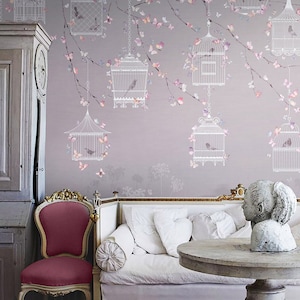 Birdcage Wallpaper: Asian Floral Exotic Birds, Non-Woven Wall Mural