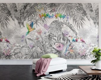 May include: A white wall mural with a tropical jungle scene featuring grey and green palm leaves, pink and purple flowers, and colorful toucans and parrots.