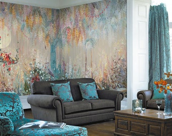 Chinoiserie Forest Mural Wallpaper Repeat, Home Decor Wall Murals, Fantasy Plants and Birds Wallpaper, Wall Decor, Wallpaper ID2018009