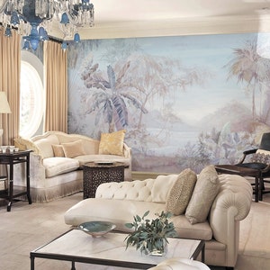 Chinoiserie Scenic Panoramic Wallpaper Repeat Mural, Home Decor Wall Murals, Carta da parati floreale, Decorazioni murali, Carta da parati ID2018015