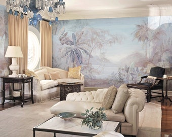 Chinoiserie Scenic Panoramic Wallpaper Repeat Mural, Home Decor Wall Murals, Floral Landscape Wallpaper, Wall Decor, Wallpaper ID2018015