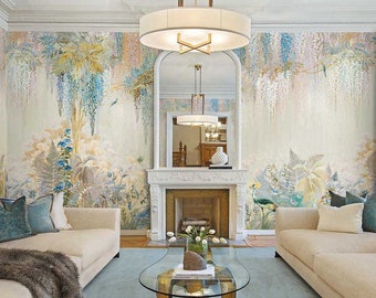 May include: A living room with two white couches, a glass coffee table, and a fireplace. The walls are covered in a floral wallpaper with a light blue, green, and white color scheme.