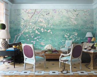 Chinoiserie Scenic Koi Pond Wallpaper Repeat Mural, Home Decor Wall Murals, Water Landscape Wallpaper, Wall Decor, Wallpaper ID2018017