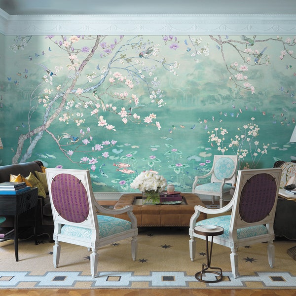 Chinoiserie Scenic Koi Pond Wallpaper Repeat Mural, Home Decor Wall Murals, Water Landscape Wallpaper, Wall Decor, Wallpaper ID2018017