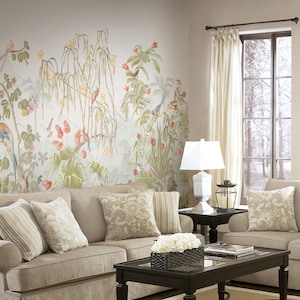 Chinoiserie floreale uccelli carta da parati ripeti murale, decorazione domestica murale, carta da parati paesaggistica tropicale scenica, decorazione murale, carta da parati ID2018023