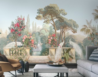 Chinoiserie-pauwenbehang Bloemenmuurschildering Peel and Stick verwijderbaar muurdecor