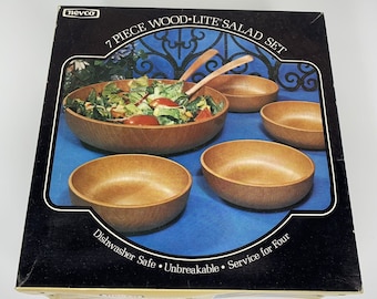 Vintage Nevco 7-teiliges Wood Lite Salat-Set Kunststoff Servierschüssel Salatschüsseln Utensilien