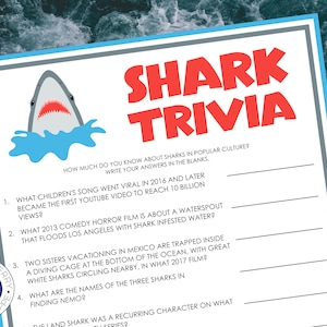 Shark Trivia Game | 10 Questions about Sharks in Pop Culture | Version 1 | Shark Week Activity for Adults | Shark Theme Party | Printable
