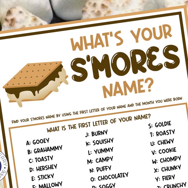 What's Your S'mores Name Game WITH NAMETAGS + SIGN | S'mores Party | Camping Birthday Party Activity | Fun for Adults & Kids | Printable