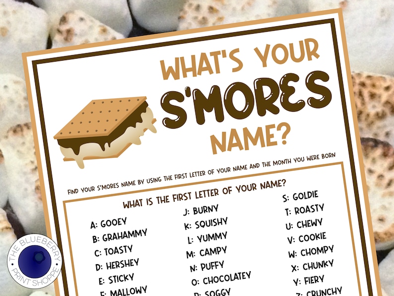 What's Your S'mores Name Game WITH NAMETAGS  SIGN  image 1