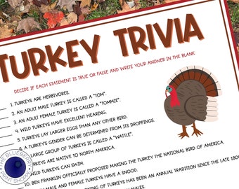 May include: A printable Thanksgiving trivia game with a cartoon turkey illustration. The game asks true or false questions about turkeys. The text on the page reads "Turkey Trivia" and "Decide if each statement is true or false and write your answer in the blank."