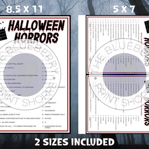 K&ouml;nnte beinhalten: Zwei Halloween-Druckvorlagen mit dem Text "Halloween Horrors" und einer Filmklappe. Eine ist 21,6 x 27,9 cm gro&szlig;, die andere 12,7 x 17,8 cm. Die Drucke enthalten ein Zuordnungsspiel mit Filmzitaten.