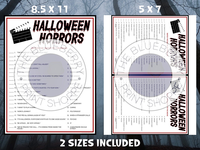 K&ouml;nnte beinhalten: Zwei Halloween-Druckvorlagen mit dem Text "Halloween Horrors" und einer Filmklappe. Eine ist 21,6 x 27,9 cm gro&szlig;, die andere 12,7 x 17,8 cm. Die Drucke enthalten ein Zuordnungsspiel mit Filmzitaten.
