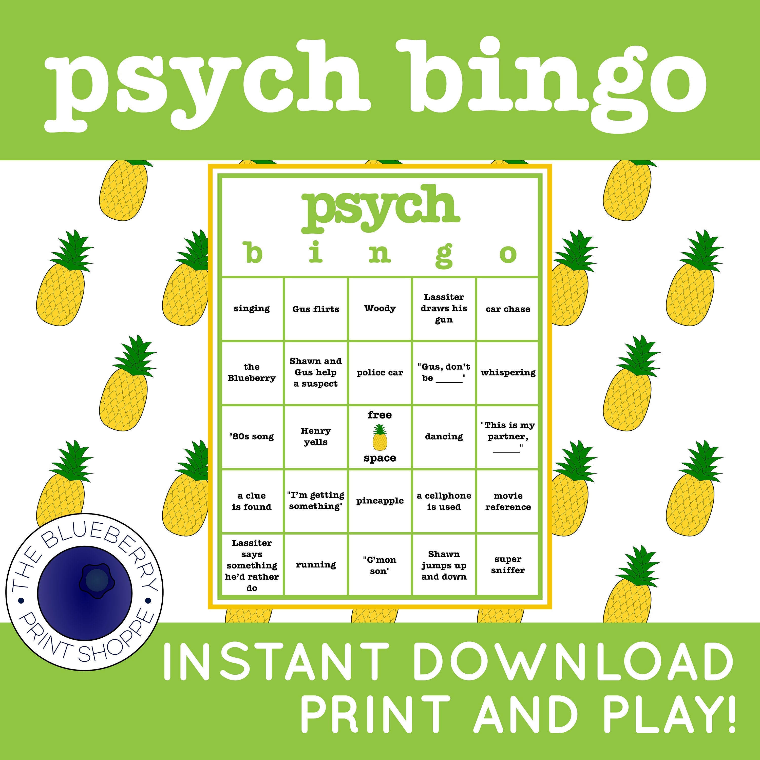 Psych Bingo | 10 Cards | Party Game | Bingo Cards | Psych Fans | Psych Party | Psych Watch Party | Psych Birthday | Psych Gift | Printable