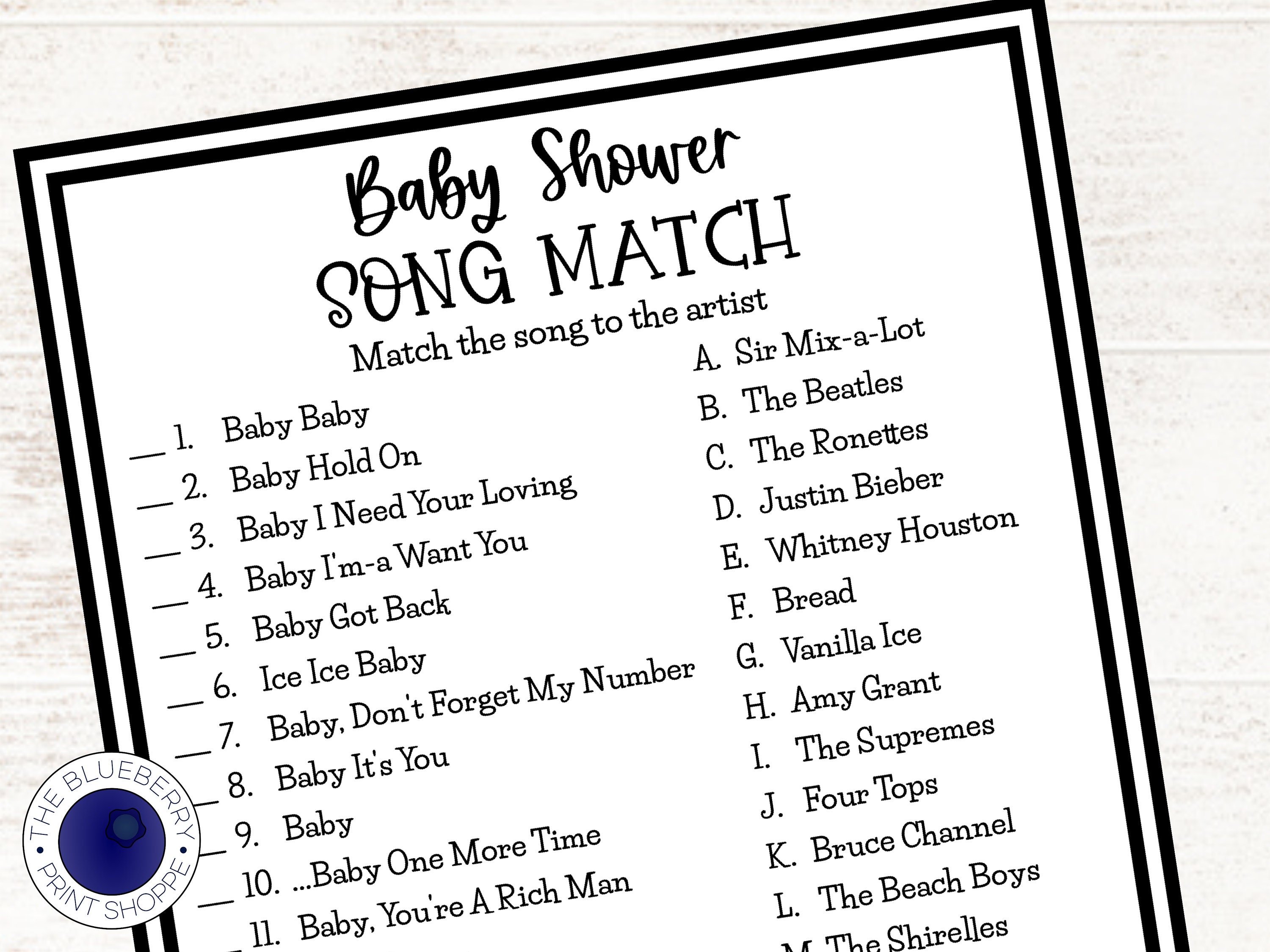 Music Match Printable Baby Shower Game Lyric Song Digital 