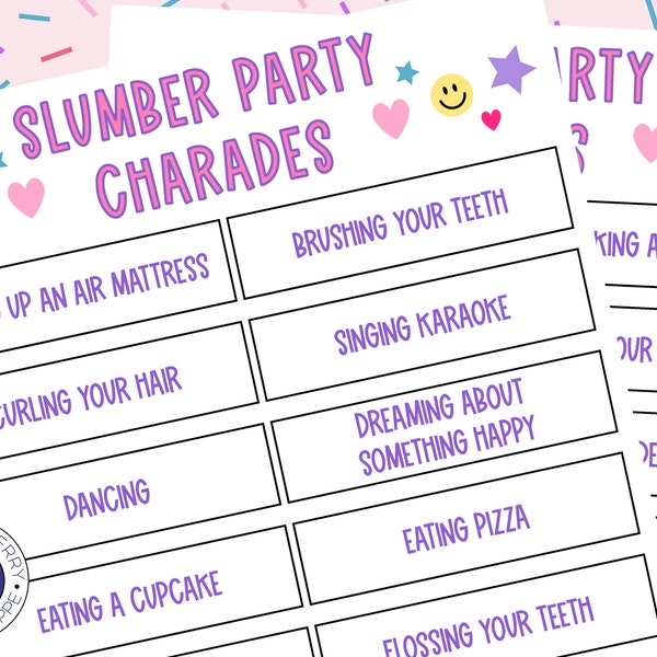 Slumber Party Game | Charades | Pictionary | Sleepover | 26 Fun Phrases to Act Out | Printable game for teen girl | Activity for tween girls