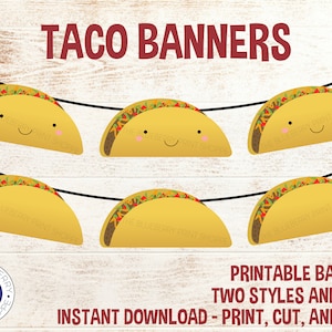 Puede incluir: Conjunto de pancartas de taco imprimibles con dos estilos y tamaños. La pancarta presenta una cadena de tacos amarillos con caras sonrientes y rellenos coloridos. El texto "Taco Banners" está en la parte superior de la imagen y el texto "Printable Banners Two Styles and Sizes Instant Download - Print, Cut, and Hang" está en la parte inferior de la imagen.
