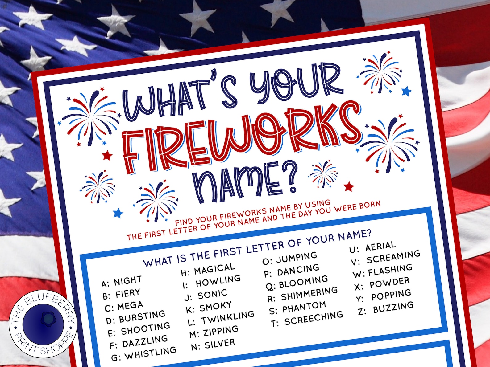 Firework Name Plates What's Your Fireworks Name Game WITH NAMETAGS & SIGN | Fourth of July ...