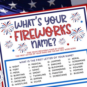 Quel est votre jeu de noms de feux d'artifice AVEC NAMETAGS & SIGN | Jeu de fête du 4 juillet | Générateur de noms du 4 juillet | Jeu de brise-glace | Imprimable