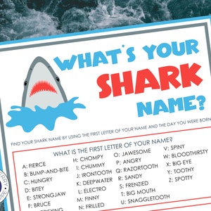 What's Your Shark Name Game WITH NAMETAGS & SIGN | Shark Week | Shark Theme Party  | Icebreaker Game | Shark Name Generator | Printable