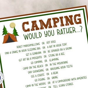 Camping Would You Rather Game | 20 Questions to Discuss & Debate | Icebreaker Game | Fun Campground Activity for Kids and Adults | Printable